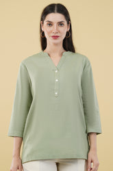 MINT GREEN LINEN SHORT KURTA - SKYTICK